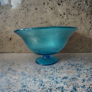 Vintage Celeste Blue Art Glass Pedestal Bowl, Stretch Glass, Opalescent